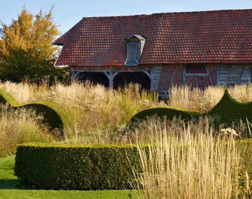Grasses and clipped hedges at Le Jardin Plume, Normandy