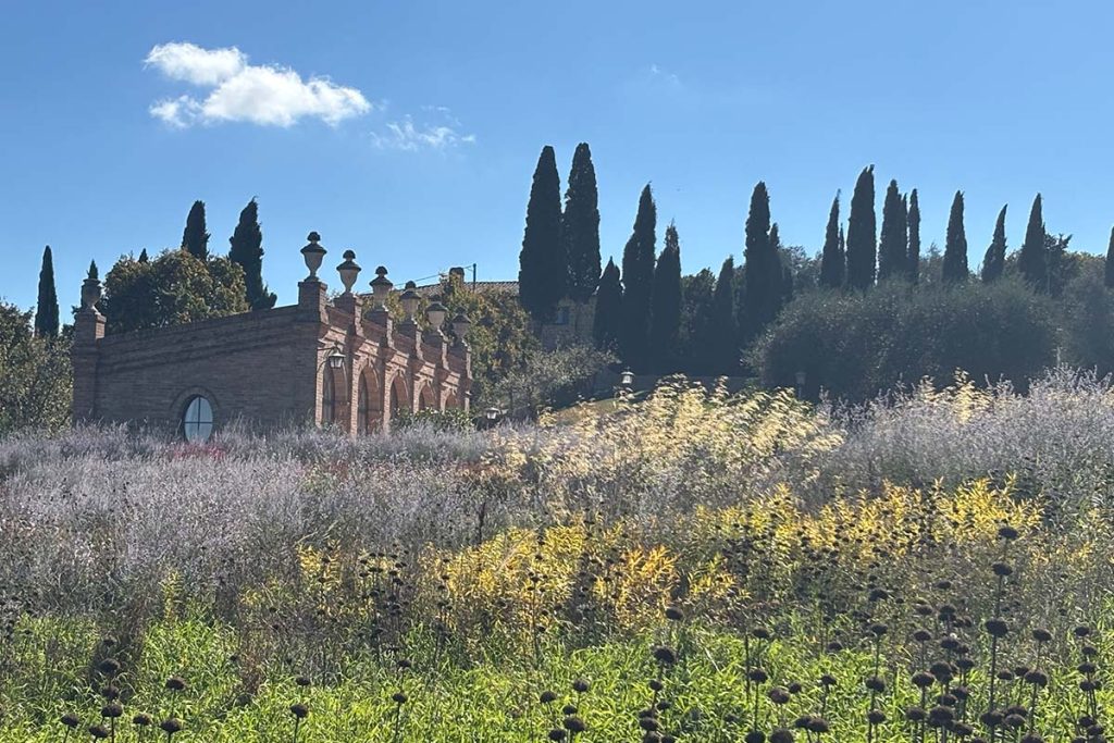 View through grasses and border plants to grand garden building